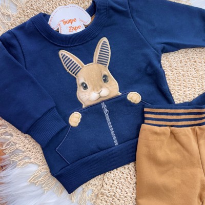Conj. Casaco Coelhinho e Calça de Moletom - Marinho e Caramelo